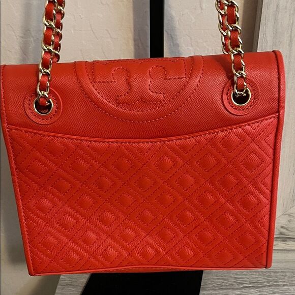 Tory Burch Fleming Quilted Leather Chain Red Orange Shoulder Purse Bag Boho - Picture 6 of 16